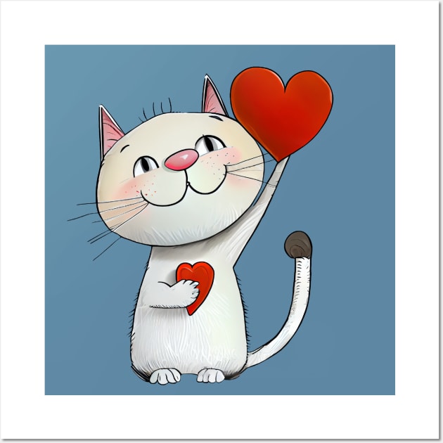 Cat with Two Hearts - funny illustration for cat lovers Wall Art by KOTOdesign